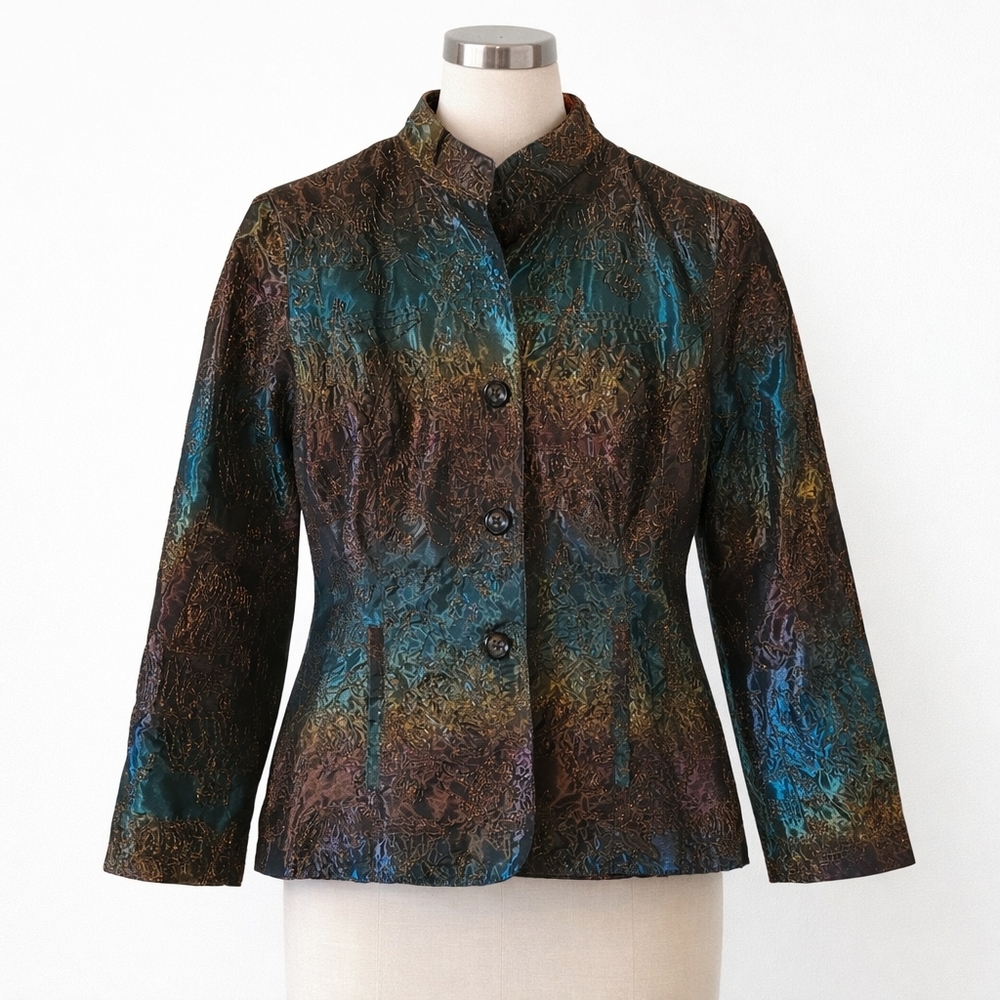 CHICO'S Jacket Embroidered Soutache Mandarin Metallic Medium 1 Teal Blue Brown
